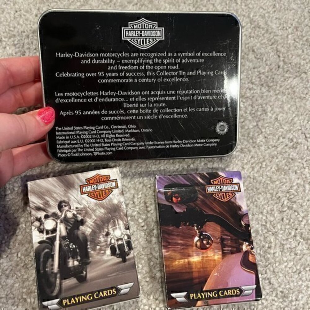 Harley Davidson Motorcycles Collectible Tin & 2 Sets of Playing Cards 2002‎